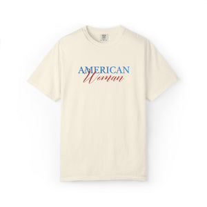 Beige t-shirt with 'American Woman' text on a white background