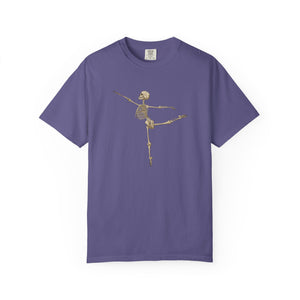 Blue t-shirt with a ballerina skeleton design on a white background