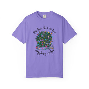 purple t-shirt with a graphic of a tangled ball of lights with text It's fine, this is fine, everything is fine.