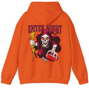 Orange hoodie with a graphic design on the back featuring a skeleton holding a football and lightning bolt, with 'Enter Night' text. Virginia Tech Hokies Football.
