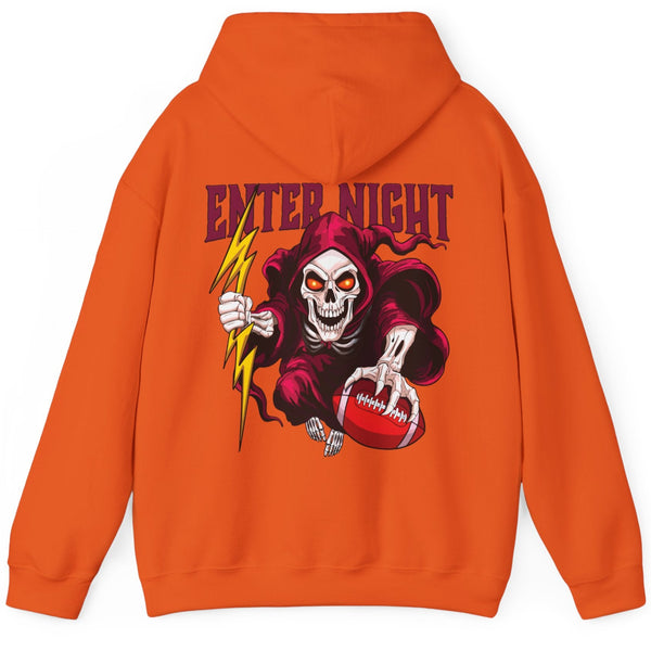 Orange hoodie with a graphic design on the back featuring a skeleton holding a football and lightning bolt, with 'Enter Night' text. Virginia Tech Hokies Football.