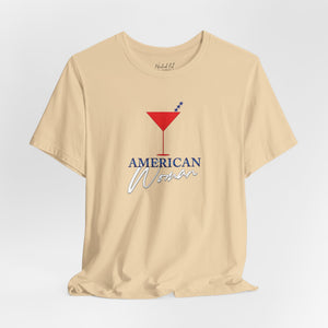 Navy blue t-shirt with 'American Woman Patriotic Martini July 4th' design on a white background