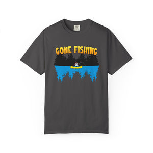 Gray t-shirt with 'Gone Fishing' graphic design on a white background