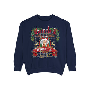 Navy blue sweatshirt with a graphic of a woman in a Santa hat and text 'Mama Claus Moonshine Distillery' on a white background.