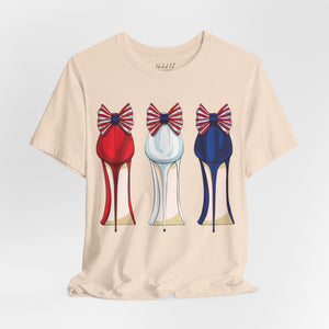 Silver t-shirt with 'Patriotic Fashion July 4th' design on a white background