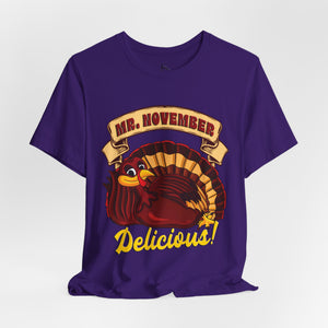 Military green t-shirt with 'Mr. November Turkey Funny Thanksgiving' design on a white background