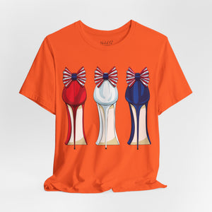 Navy blue t-shirt with 'Patriotic Fashion July 4th' design on a white background