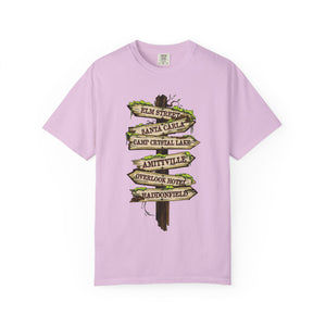 Purple t-shirt with 'Horror Road Sign Halloween' design on a white background