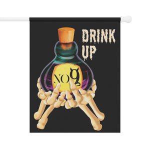 Garden flag with 'Drink Up Love Potion Skeleton Halloween' design