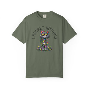 Green t-shirt with a cartoon cat tangled in Christmas lights with text at the top that says I Regret Nothing