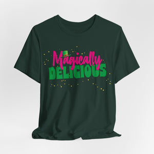 Heather kelly t-shirt with 'Magically Delicious Funny St. Patrick's Day' design on a white background