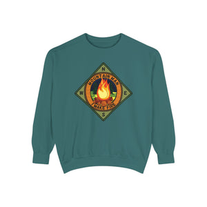 Teal sweatshirt with a camping design on a white background