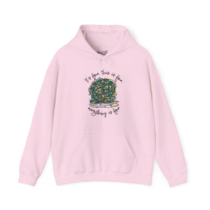 Light pink sweatshirt hoodie with a graphic of a ball of tangled Christmas lights and text that says 'It's fine, this is fine, everything is fine'.