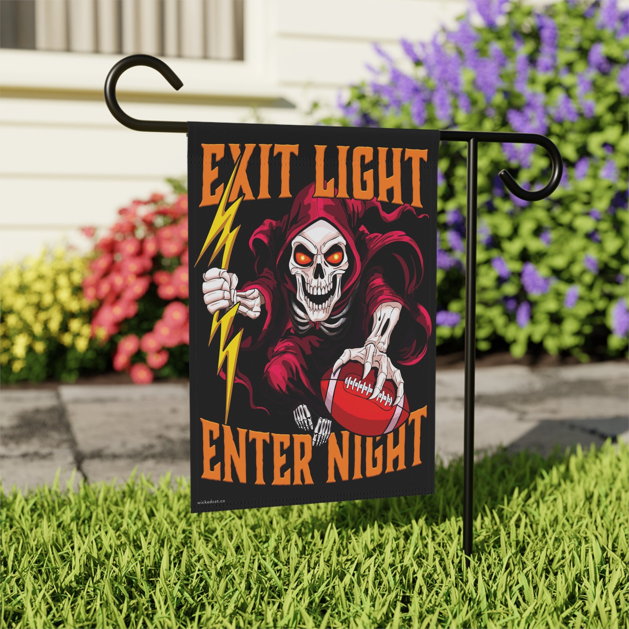 Va Tech Hokies Football Decorative flag with a skeleton holding a football and lightning bolt, text 'EXIT LIGHT ENTER NIGHT' on a black background.