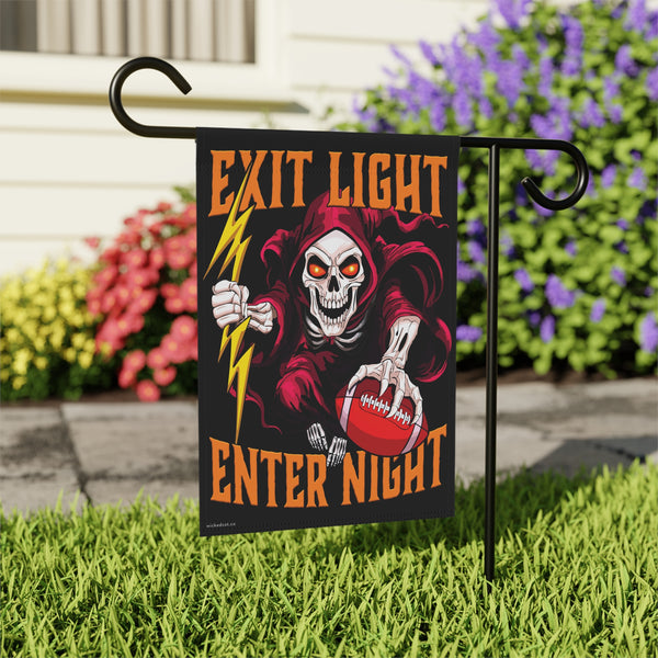 Va Tech Garden flag with a skeleton holding a football and lightning bolt, text 'EXIT LIGHT ENTER NIGHT', on grass with flowers in the background.