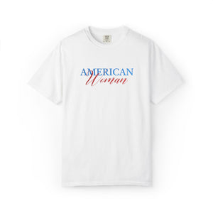 White t-shirt with 'American Woman' text on a white background