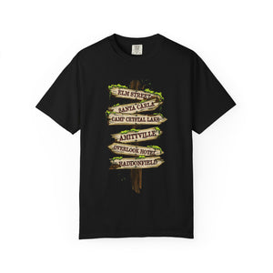 Dark gray t-shirt with 'Horror Road Sign Halloween' design on a white background