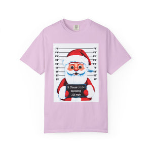 Pink t-shirt with a graphic of Santa Claus in a mugshot design on a white background