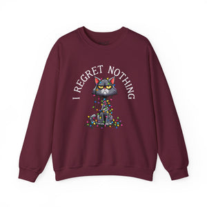 Maroon sweatshirt with a graphic of a cat tangled in Christmas lights and text the says 'I Regret Nothing'.