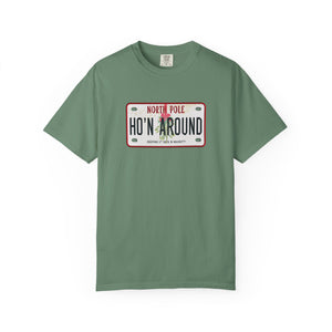 Gray t-shirt with a humorous holiday license plate design on a white background