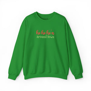 Bright green sweatshirt that reads ho ho ho'n around town in red and green text.