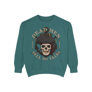 Dark sweatshirt with 'Dead Men Tell No Tales Pirate Skull' design on a plain background