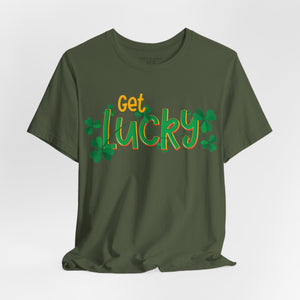 Dark gray t-shirt with 'Get Lucky Funny St. Patrick's Party' design on a white background