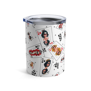 mug with 'Deck of Cards Queens Insulated Travel 10oz' graphic on a white background