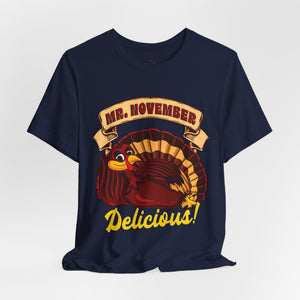Red t-shirt with 'Mr. November Turkey Funny Thanksgiving' design on a white background