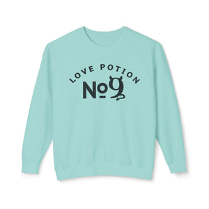 Dark sweatshirt with 'Love Potion No 9 Halloween' design on a plain background