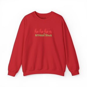 Red sweatshirt that reads ho ho ho'n around town in red and green text.