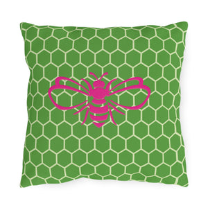 throw pillow with 'Honeycomb Bee Reversible Pink & Green' design