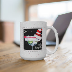 mug with 'Merry Margarita Postage Stamp Christmas 15oz' graphic on a white background