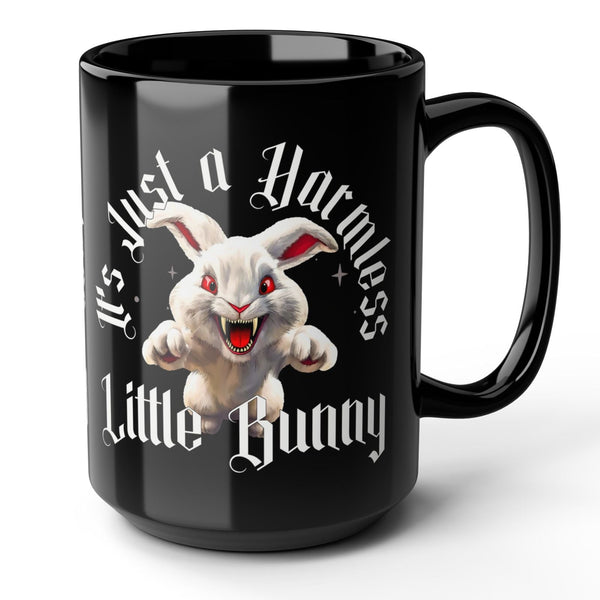 Black mug with a graphic of a rabbit and text on a white background