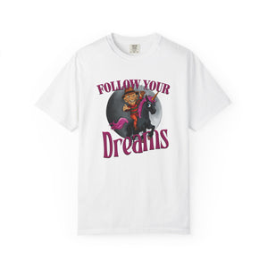 White  Halloween t-shirt with Freddy Kreuger on a black unicorn graphic and 'Follow Your Dreams' text on a white background