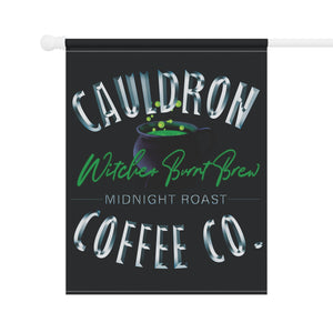 Garden flag with 'Witches Cauldron Coffee Company Halloween' design