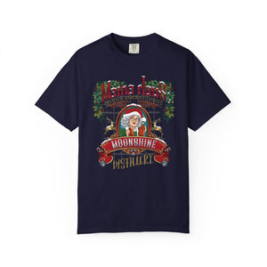 Navy blue t-shirt with colorful graphic design on a white background