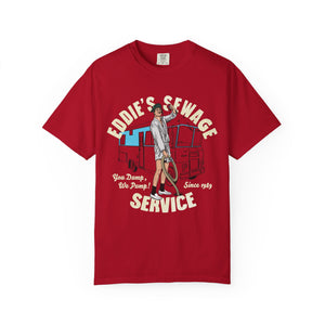 red t-shirt with logo graphic and text 'Eddie's Sewage Service You Dump We Pump Since 1989'.