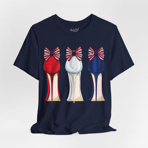 Black t-shirt with 'Patriotic Fashion July 4th' design on a white background