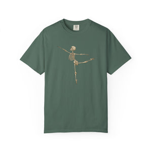 Green t-shirt with a ballerina skeleton design on a white background