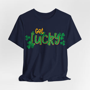 Dark grey t-shirt with 'Get Lucky Funny St. Patrick's Party' design on a white background