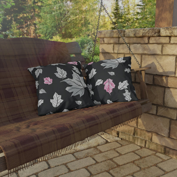 Dark Grey & Pink Fall Leaves Indoor Outdoor Pillow
