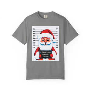 Gray t-shirt with a graphic of Santa Claus in a mugshot style design on a white background