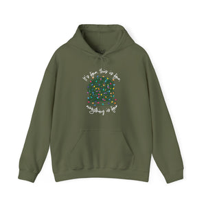 Olive Green sweatshirt hoodie with a graphic of a ball of tangled Christmas lights and text that says 'It's fine, this is fine, everything is fine'.