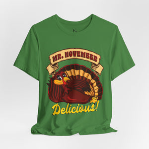 Navy blue t-shirt with 'Mr. November Turkey Funny Thanksgiving' design on a white background