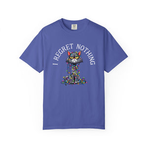 Blue t-shirt with a cartoon cat tangled in Christmas lights with text at the top that says I Regret Nothing