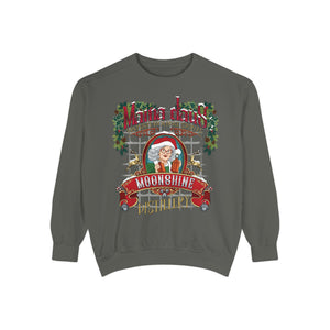 Gray sweatshirt with a festive graphic design featuring a character and text on a white background