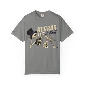 Black t-shirt with 'Horror Flix & Chill Skeleton Halloween' design on a white background