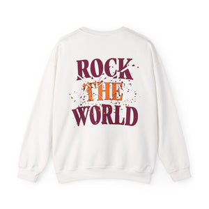 The back of a white sweatshirt that says Rock the World on a white background.
