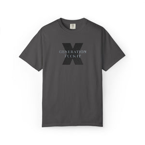 Dark Grey t-shirt with embroidered Gen X  text on a white background